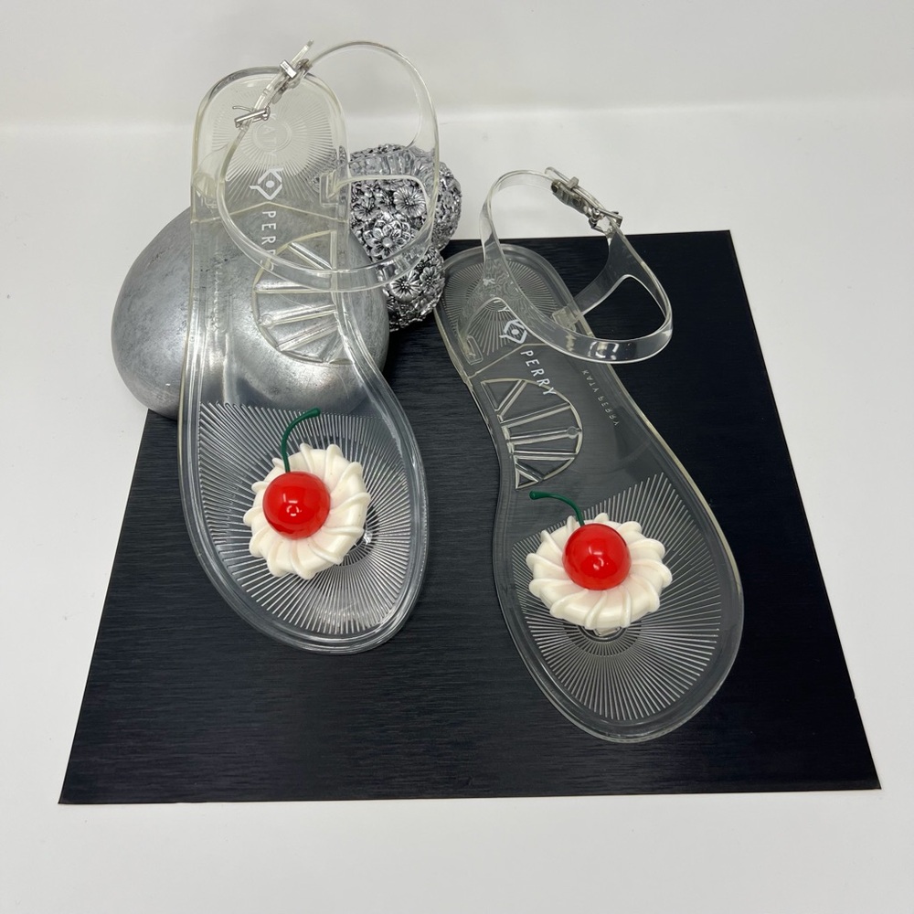 Katy Perry Collections Clear Jelly Sandals with Red Cherry and White Flower - Picture 5 of 16